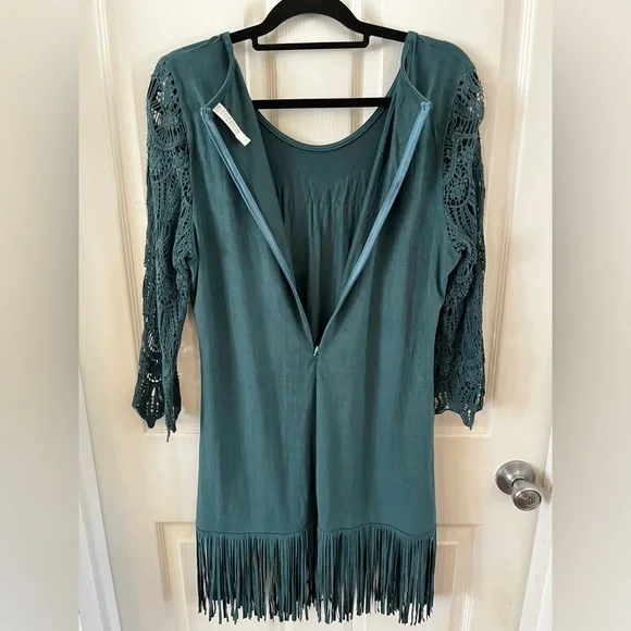 EUC Monoreno Teal Lace Fringe Midi Dress Overlay Sheath 3/4 Sleeve Medium Boho - Picture 6 of 15